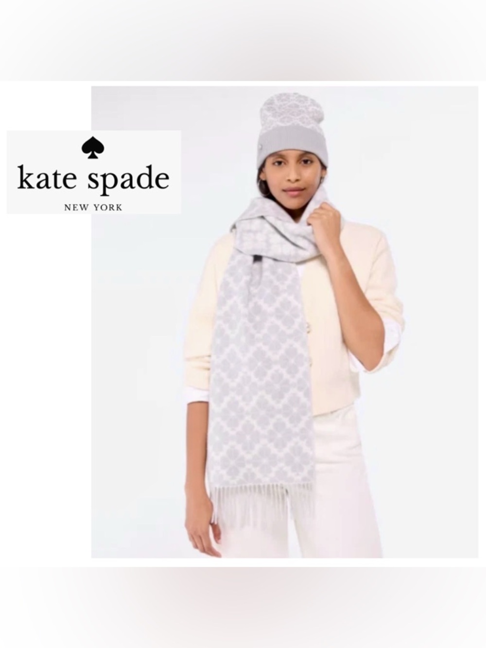 Kate Spade. Spade Flower Cashmere
Scarf and Spade Flower Cuff Beanie Set.  NWT!